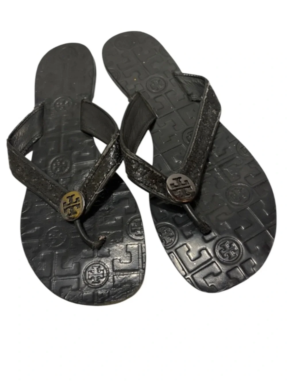 Tory Burch Black Glitter Women’s Sz 8 Logo Thong Sandals